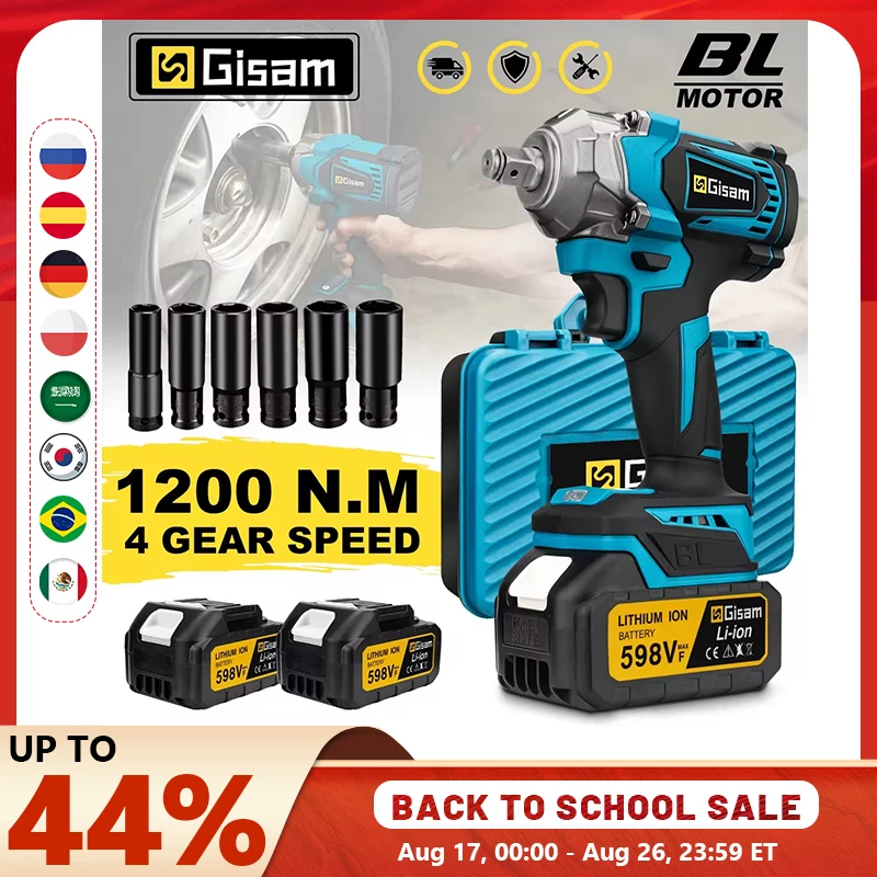 Chave de Impacto Elétrica Sem Escovas Gisam 1200N.M, Chave de Fenda de 1/2 polegada, Ferramentas Elétricas Sem Fio para Baterias Makita 18V