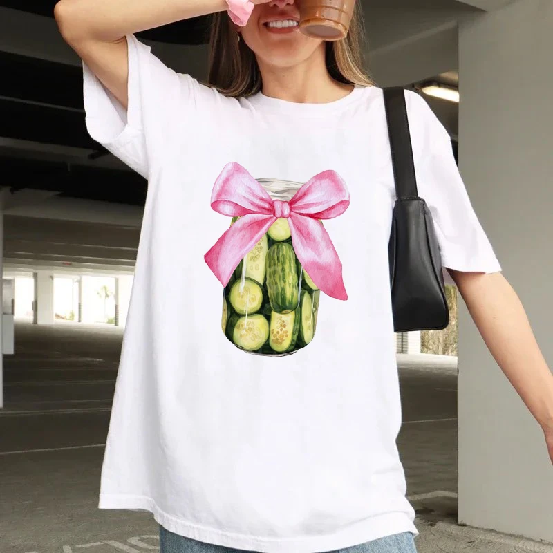 Pink Bow Print Aesthetic Top Cartoon Print Summer Fashionable Women\'s T-Shirt Pattern Print O-Neck Fun Casual Trend Street T-Shi