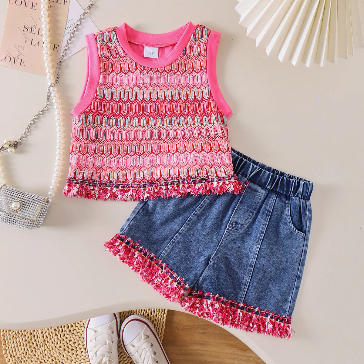 European and American summer new multi-color sleeveless vest lace denim shorts cute sweet vacation style children's clothing