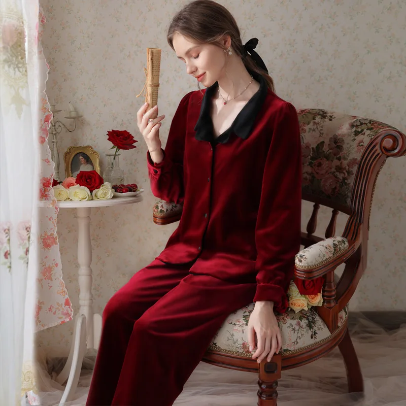 Sexy Lapel Collar Retro Burgundy Bride Sleepwear 2023 Autumn Winter New Velvet Pajama Set Loungewear Loose Casual Home Clothes