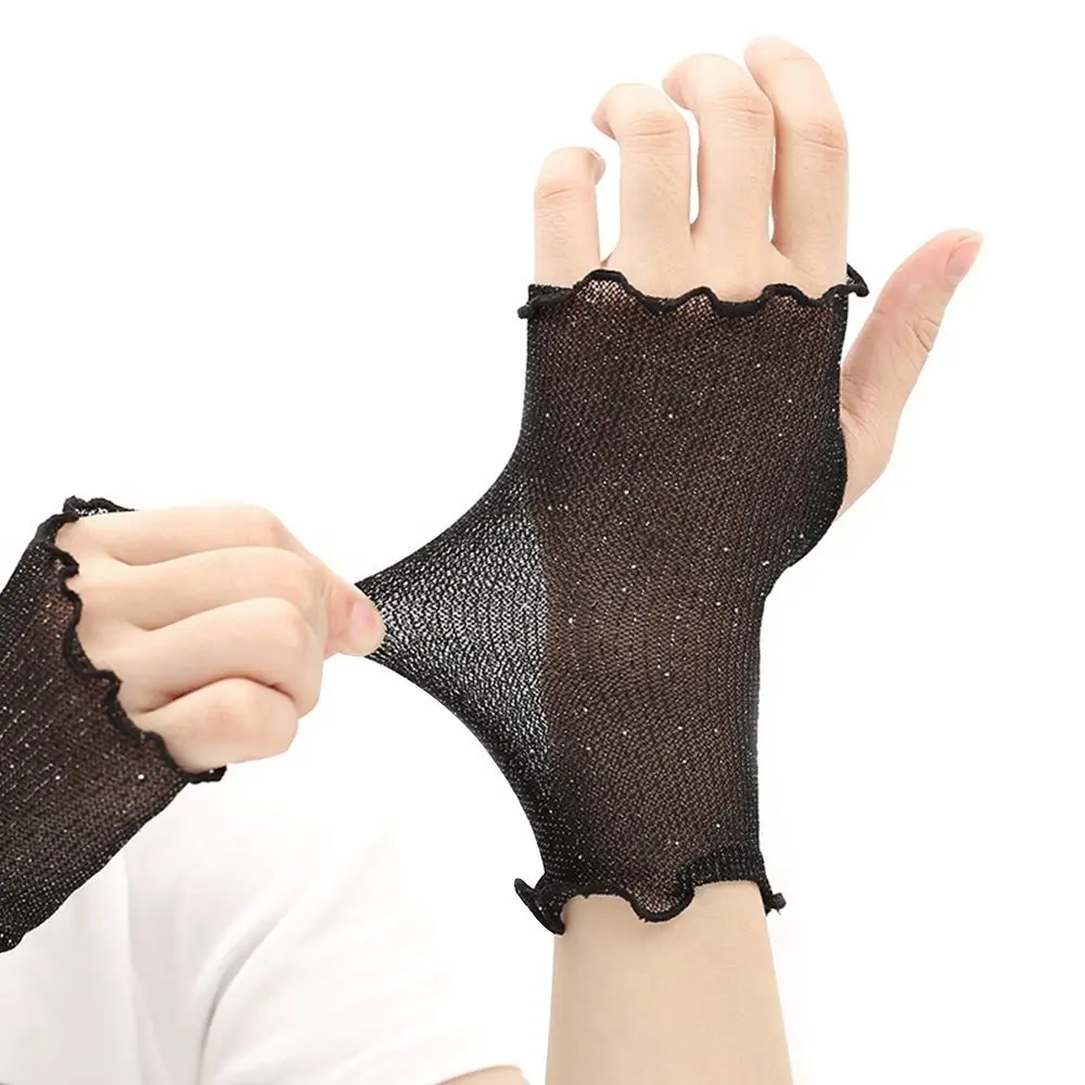 New Elastic Women Sunscreen Gloves Thin Anti-UV Shinny Mesh Gloves Ruffle Sun Protection Hand Cover Cycling Driving