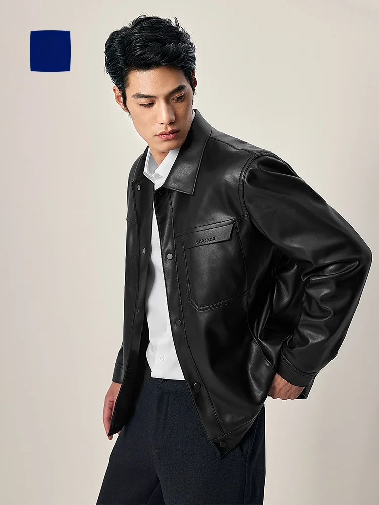 

New Pu Leather Texture Men's Jaet Hla Sea Home Printed 3D Relief Busin Sle Coat Pure Color Autumn Winter Outerwear