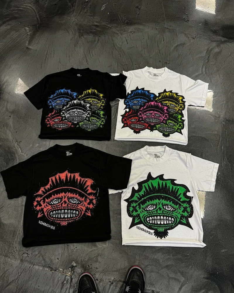Y2K moda retro wszechstronne gotyckie oversize z nadrukiem z krótkim rękawem męska koszulka casualowej odzieży ulicznej w stylu Harajuku styl pary