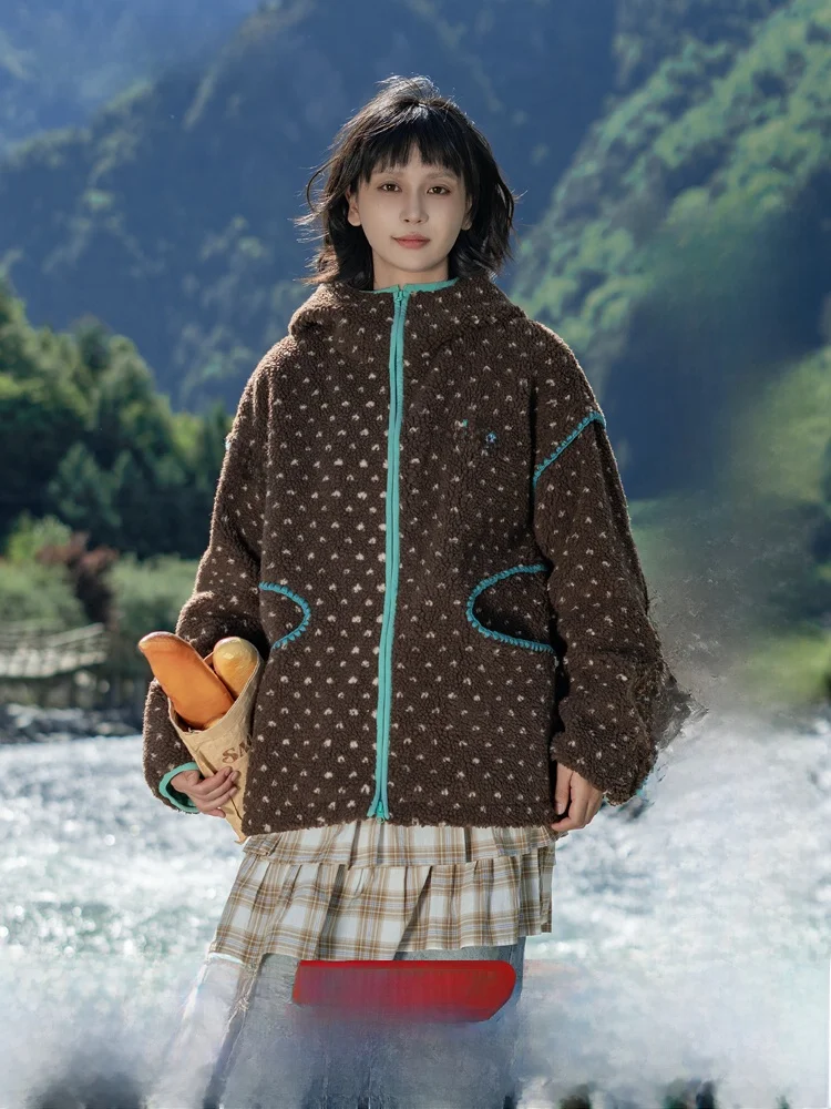 

Saoe Japanese Sle Vintage Autumn Winter ell Embroidery Polka Dot Hooded Lamb Fur Jaet Women's Casual Loose Fit Coat