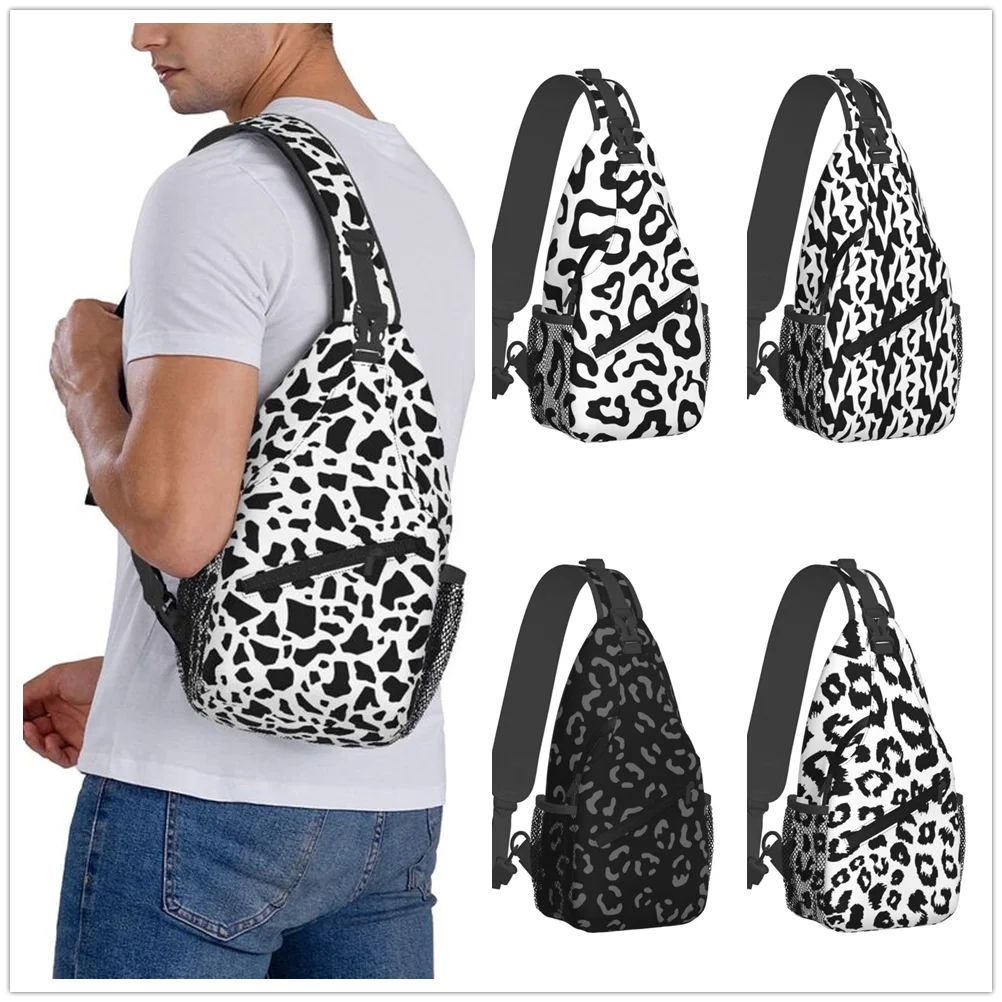 Bolsa Peito Padrão Leopardo Preto para Homens e Mulheres, Bolsa de Ombro Elegante, Esporte e Lazer, Oblíqua Straddle Bag