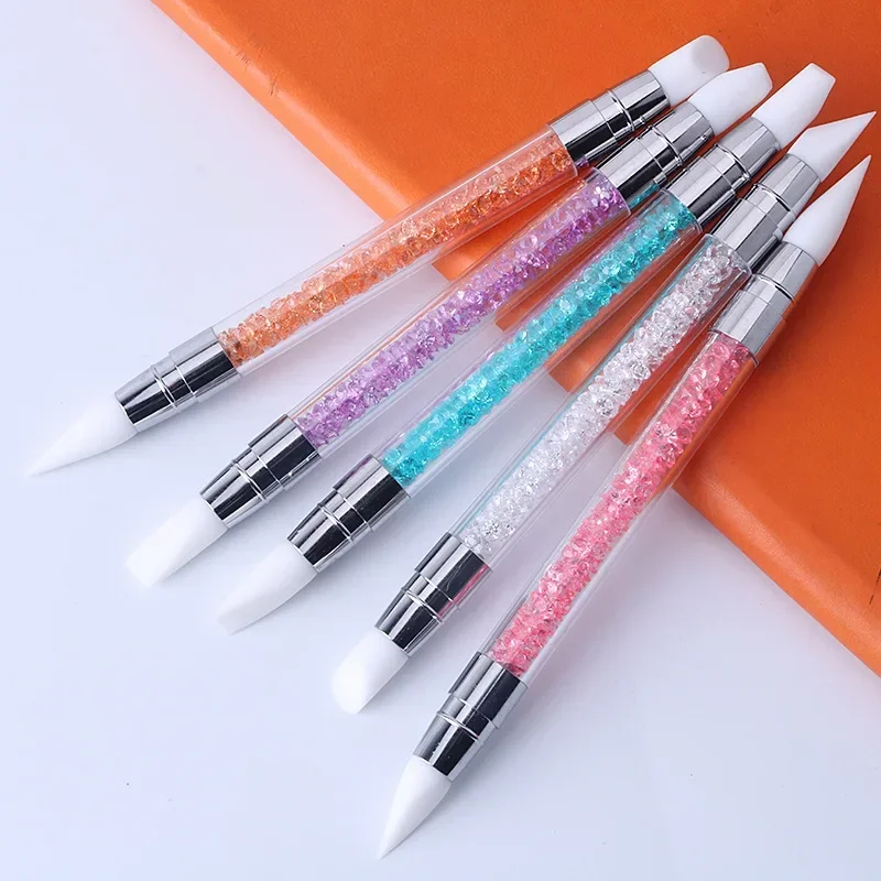 1 pieza de bolígrafo de doble punta con cabeza de silicona para tallar y puntear, pinceles para arte de uñas, herramienta con mango de cristal para manicura DIY en gel 2