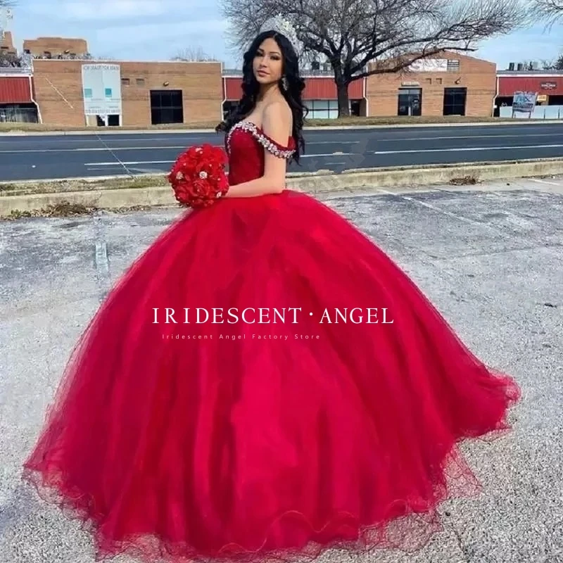 IRIDESCENT Red Sweetheart Sparkly Crystal Tulle Quinceanera Dresses 15 Year Old Girl Birthday Evening Ball Gowns Beading