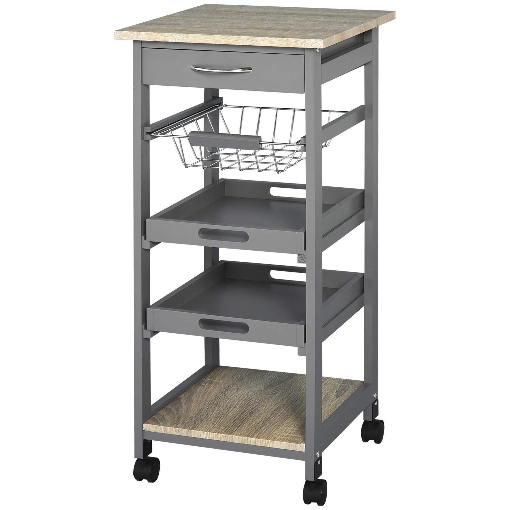 

Wheeled Kitchen Island Serving Cart, Equipped with Baskets, Two Removable Trays, Drawers, and Shelves, Made of Light Oak.