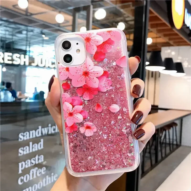 Peach Blossom Petals Quicksand Case for iPhone 15 14 16 Pro Max Soft Jelly Dynamic Sparkles Pink Glitter Powder Women Cover Capa