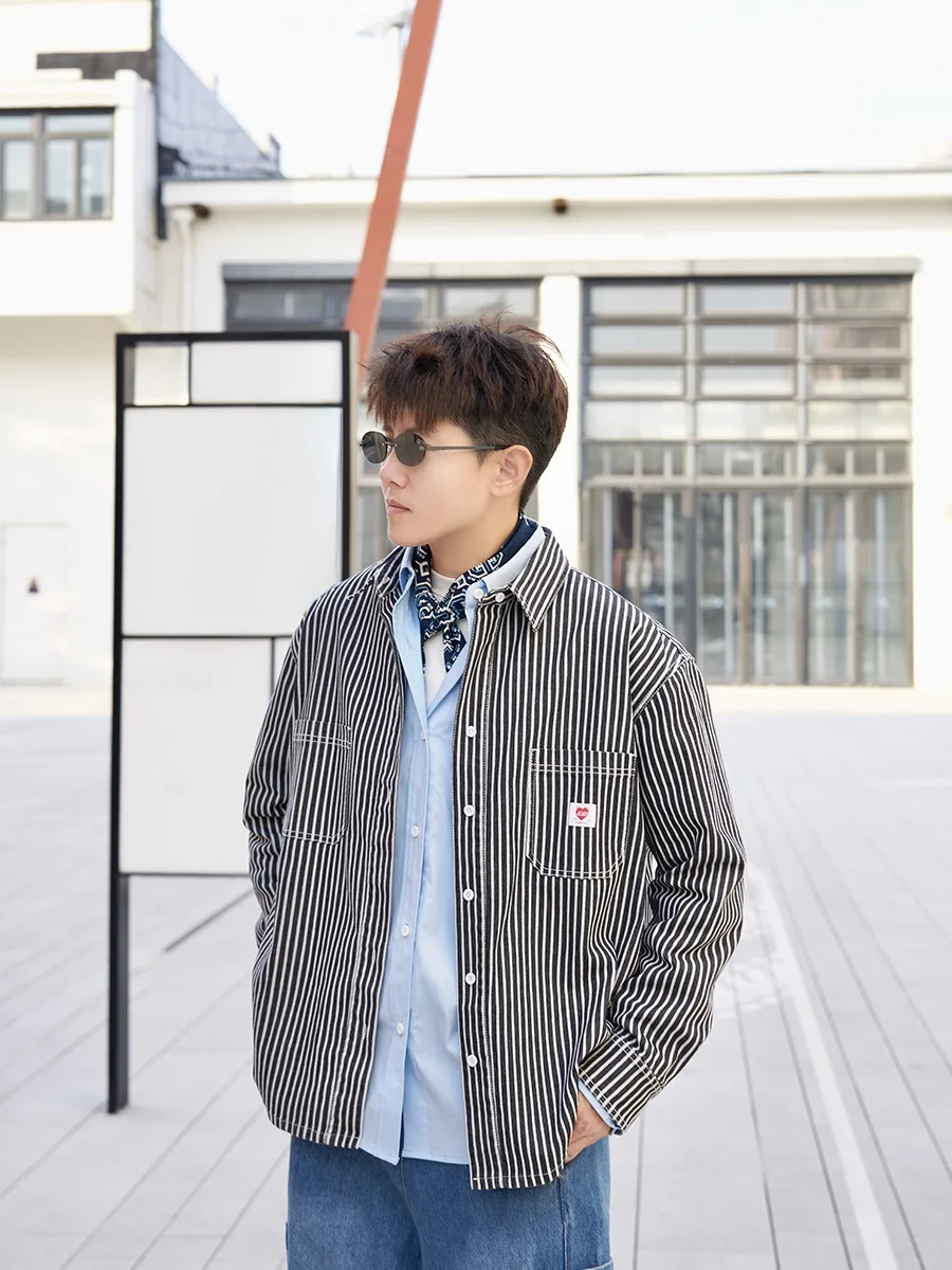 

Loose Long Sve Striped Denim Workwear irt Casual Comfortable Breathable Women's Open Cardigan Sle Chinese Brand