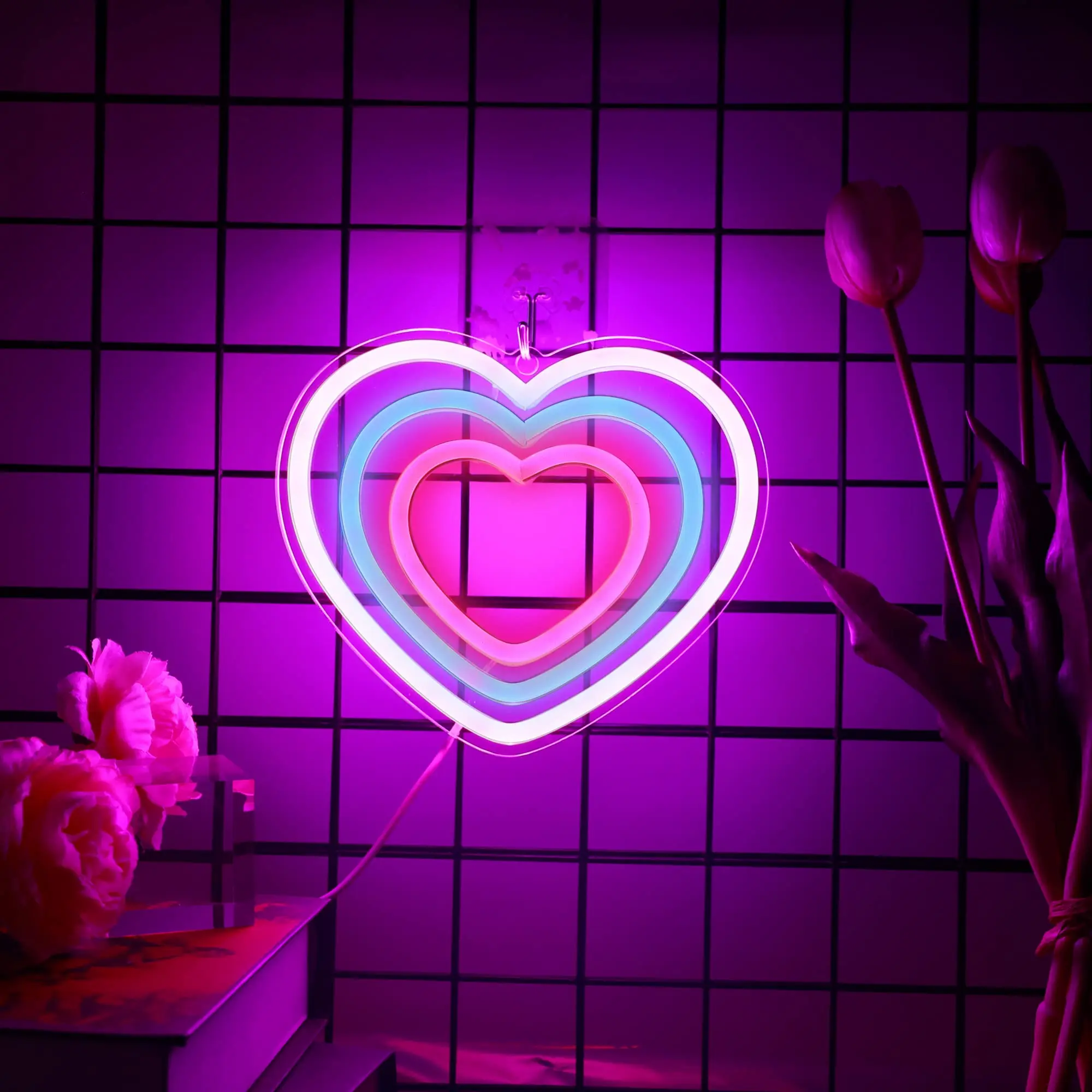 Herzförmiges Neonschild, 3-Farben-LED-Neonlicht, USB-Stromversorgung, geeignet für Wand- und Tischdekoration in E-Sport-Räumen, Partys