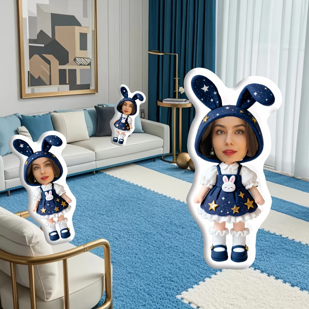Customizable Fun Photo Pillow - Personal Face Pillow Rabbit Shape Cushion, Unique Double-Sided Print, Ideal for Living Room and