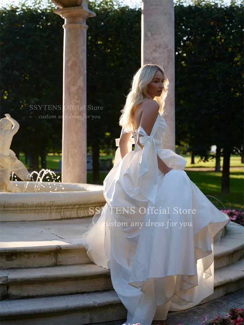 Ssytens vestidos de casamento linha a fora do ombro arco pérolas cetim vestidos de noiva longo praia vestidos de noiva robe de mairee personalizado