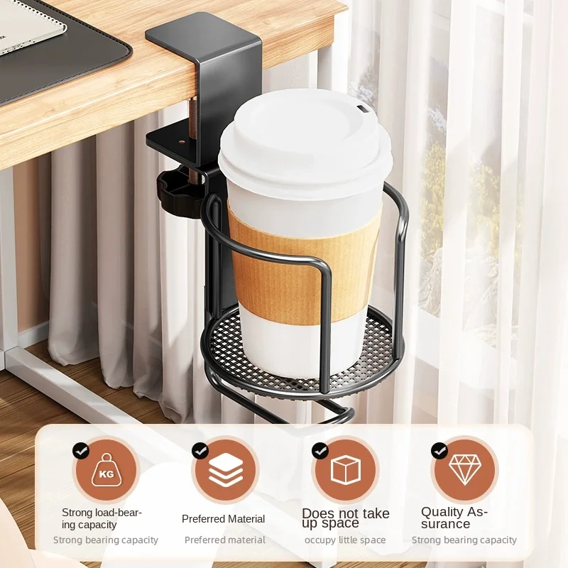 2 in 1 No Drill Desk Cup Holder Adjustable Upgraded Arm Clamp Stand 360 Degree Rotating Table Edge Clamp Anti-Fall Cup Holder
