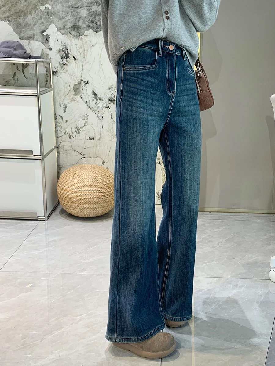 

Thi Fce Джинсы-колокольчики с высокой талией, женские зимние новые теплые утягивающие широкие расклешенные джинсовые брюки с вырезом, высокая эластичность