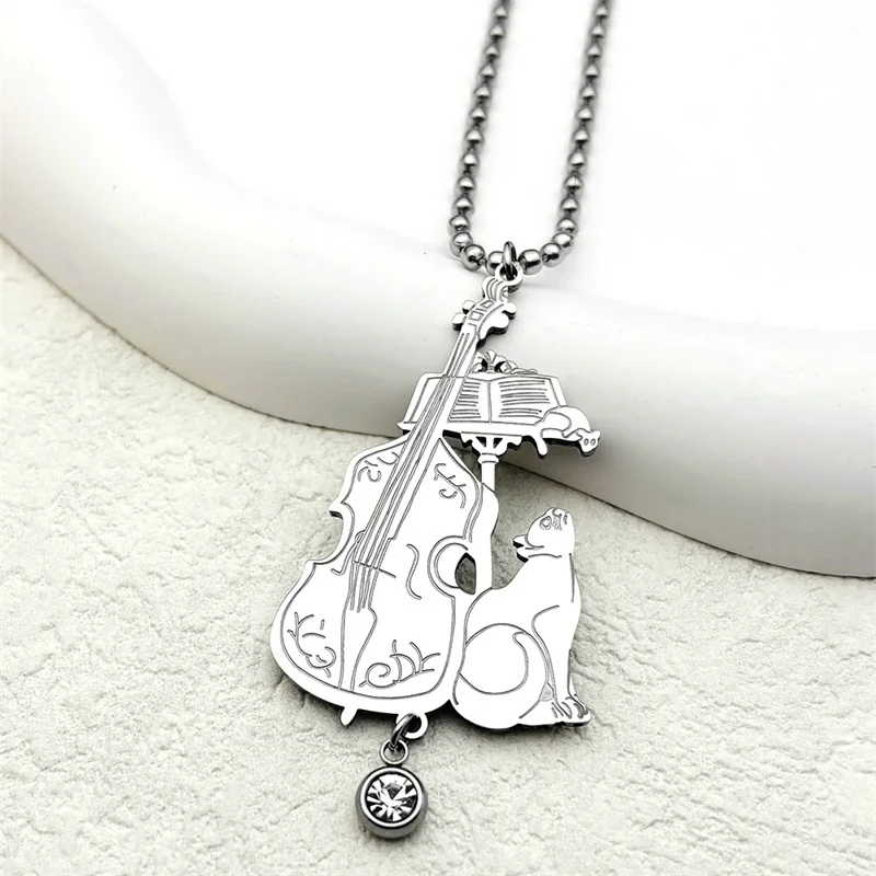 Cello Rhinestone Witchcraft Cat Car Pendant Hanging for Women Men Stainless Steel Silver Color Halloween Kitty Keyring Jewelry