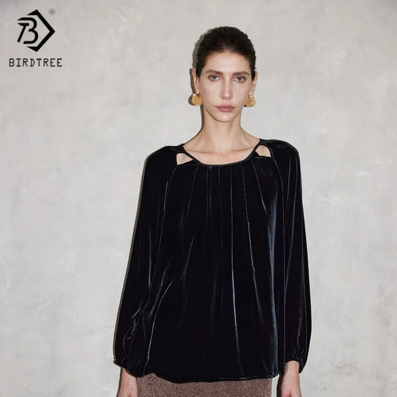 

Birdtree, блузка из 100% шелкового бархата из основной ткани, женский пуловер с длинными рукавами, элегантные свободные топы, новинка 2023 года T5D834JF
