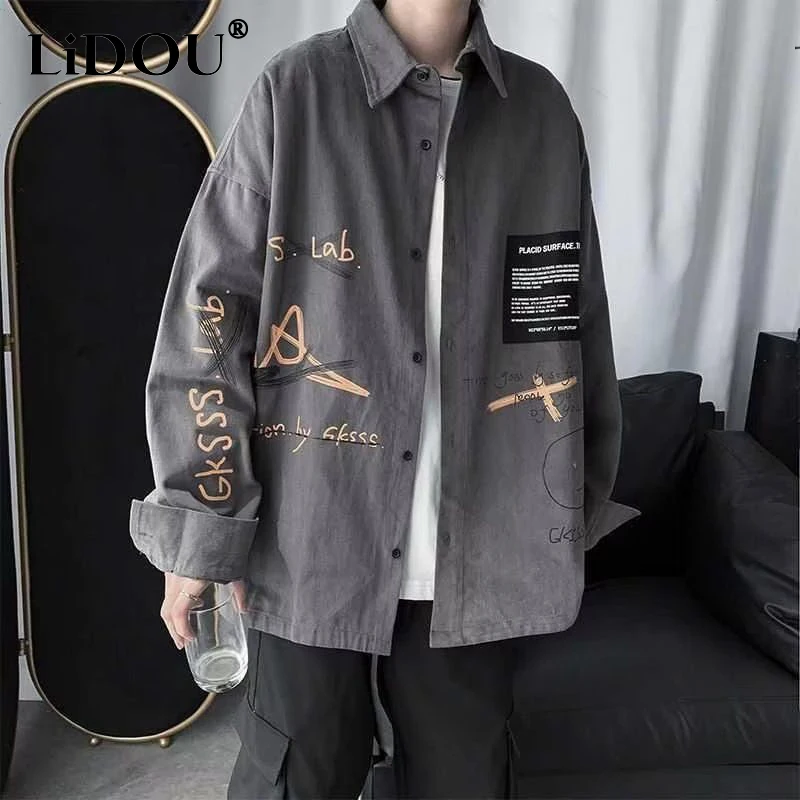 Camisa informal con estampado de estilo coreano para hombre, blusa holgada de manga larga con grafiti Harajuku, ropa de calle para otoño y