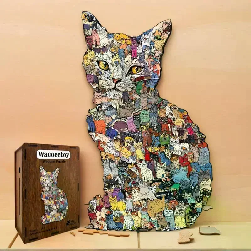 Unikalne drewniane puzzle w kształcie kota, 194 elementy, idealna gra i prezent dekoracyjny dla miłośników kotów, zawiera skarbonkę.