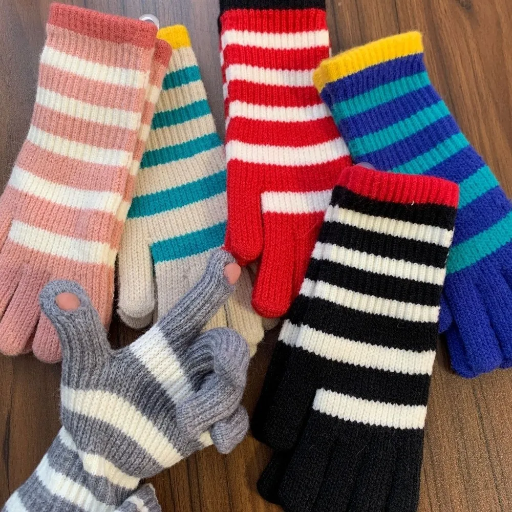 1 Pair Colorful Striped Knitted Gloves Touchable Screen Thickened Full Fingered Gloves Warm Lengthened Winter Women's Gloves