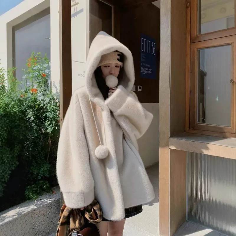 Witch Hooded Thickened Medium Long Imitation Mink Plush Coat with Integrated Fur Environmentally Friendly Fur Coat for Winter