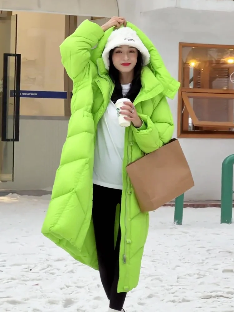 Vestibilità ampia Lunga een Du down Puffer Jaet con cappuccio Cerniera per donna Inverno 2024 Giacca a vento da pendolare Faion Korean Sle