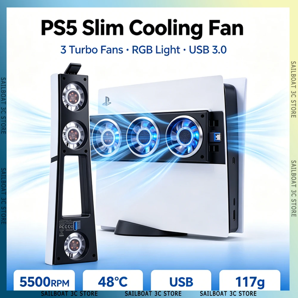 DEVASO PS5 Slim Cooling Fan with 3 Fans 2 Speed USB 3.0 Port Cooler for PlayStation 5 Slim Console Accessories