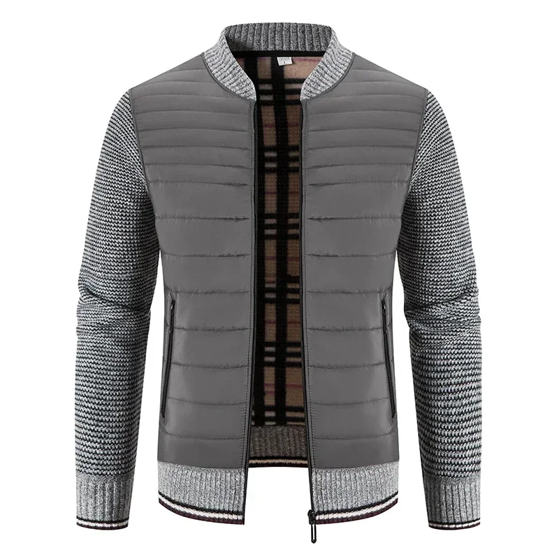 Casaco de retalhos masculino com gola alta, cardigan com zíper, roupa masculina, malhas casuais, casaco quente, outono, inverno, novo