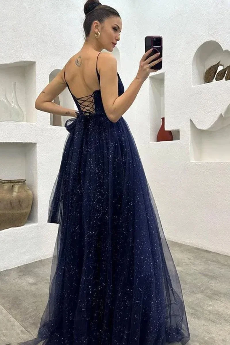 Custom Navy Blue Sequined Evening Dresses Sexy Backless A Line Spaghetti Straps Split Women occasion Party Prom Gowns Plus Size