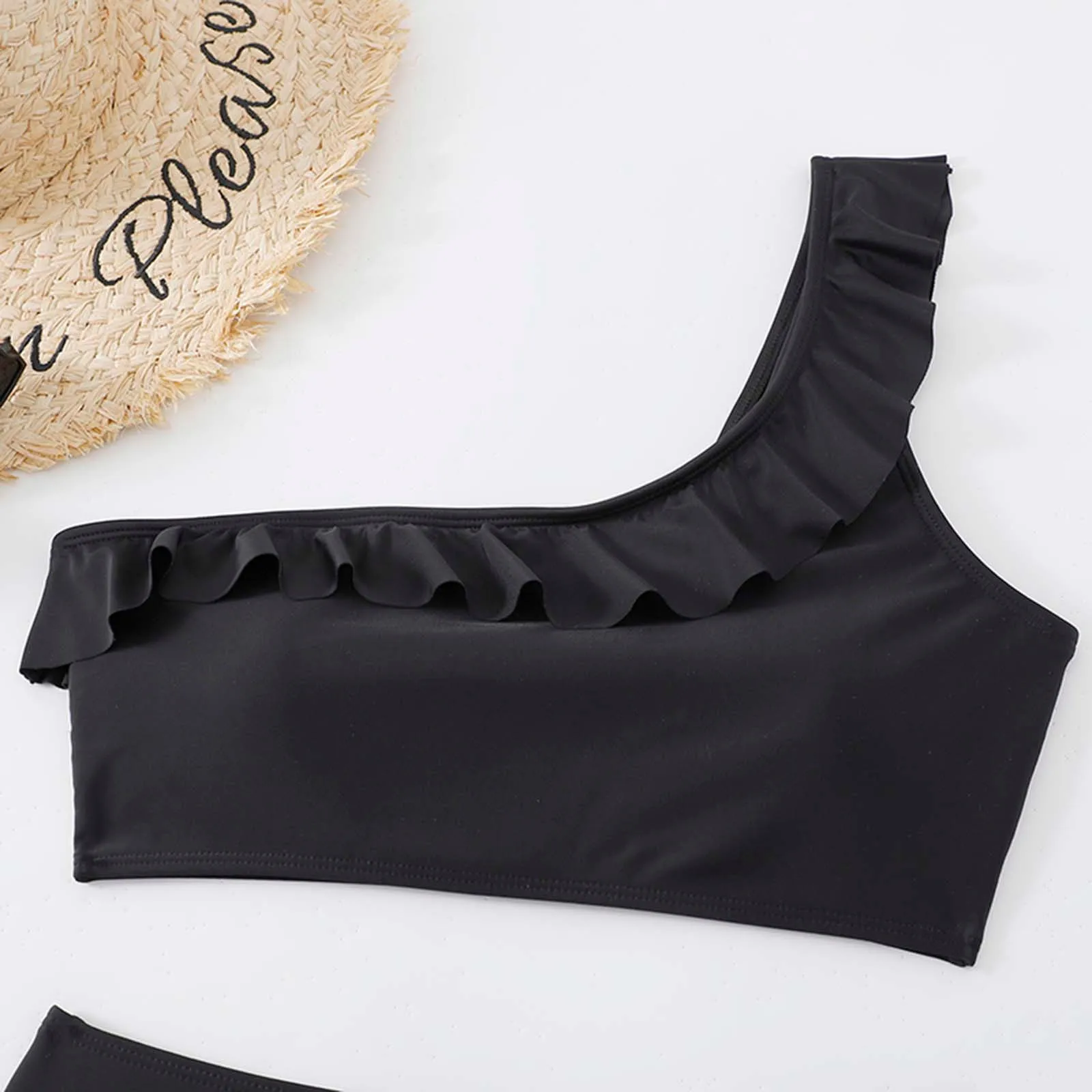 Maillot de bain deux pièces pour femmes, bikini à volants, taille haute, couleur unie, vêtements de plage