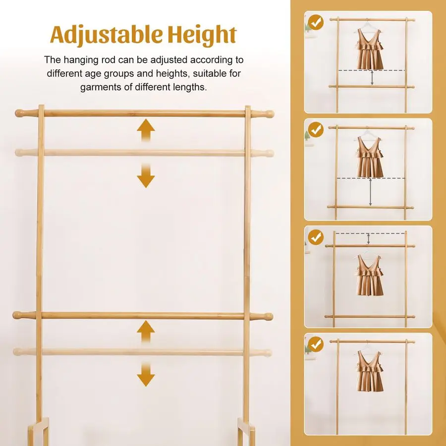 

Детская вешалка для одежды из бамбука с 2 корзинами для хранения и 2 регулируемыми штангами, подставка для детской одежды с полкой, стойка для хранения одежды