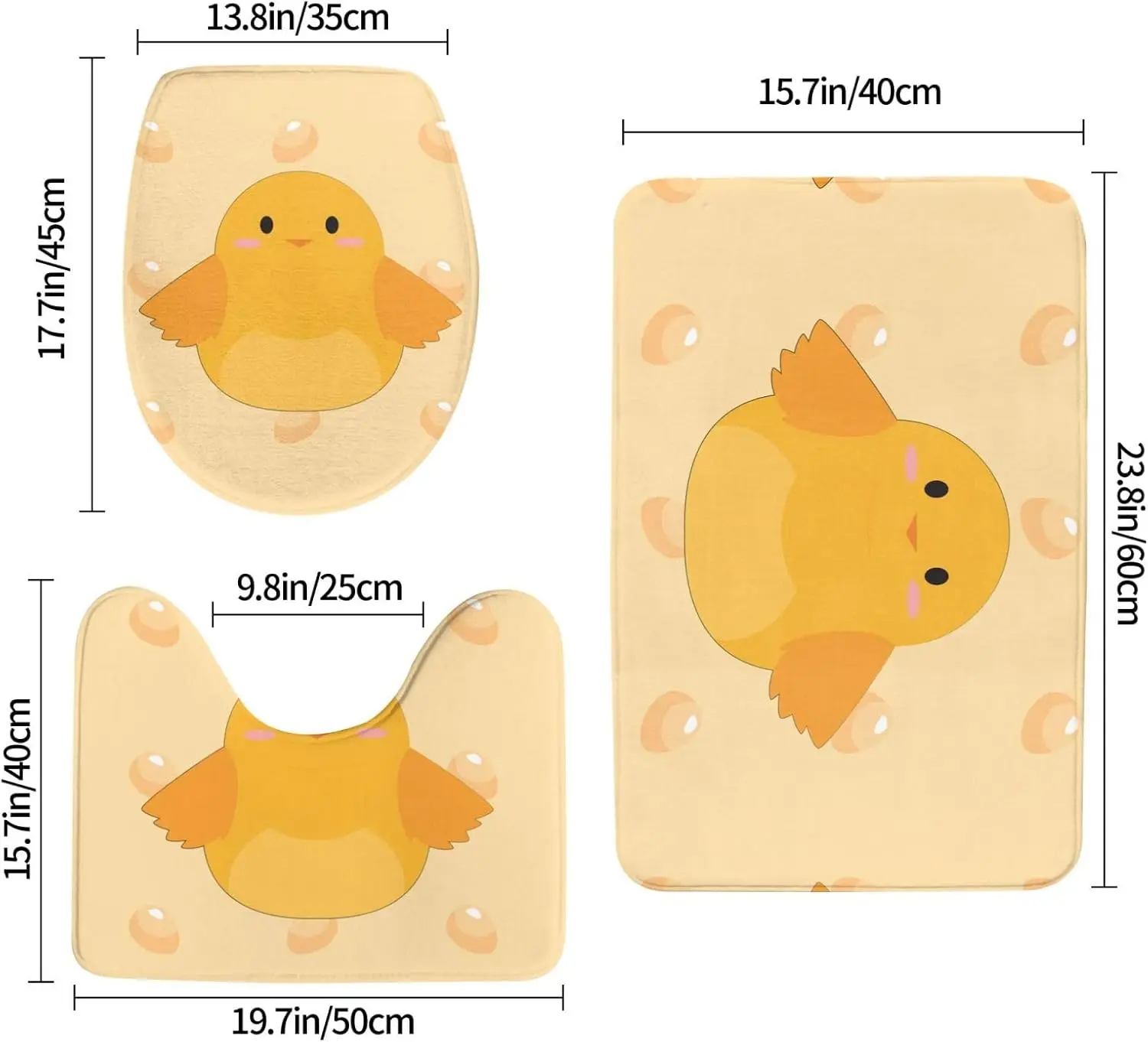 3 Piece Bathroom Rugs Set - Soft and Durable Flannel Material - Easy to Clean and Non-Slip for Bathroom and Vanity Cartoon Chick