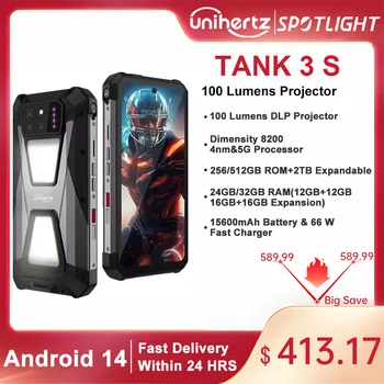 טלפון חכם Unihertz tank 3s 8849 עם מקרן 24GB 256GB Dimension 8200 סלולרי 15600mAh מטען 66W 64MP טלפון 5G