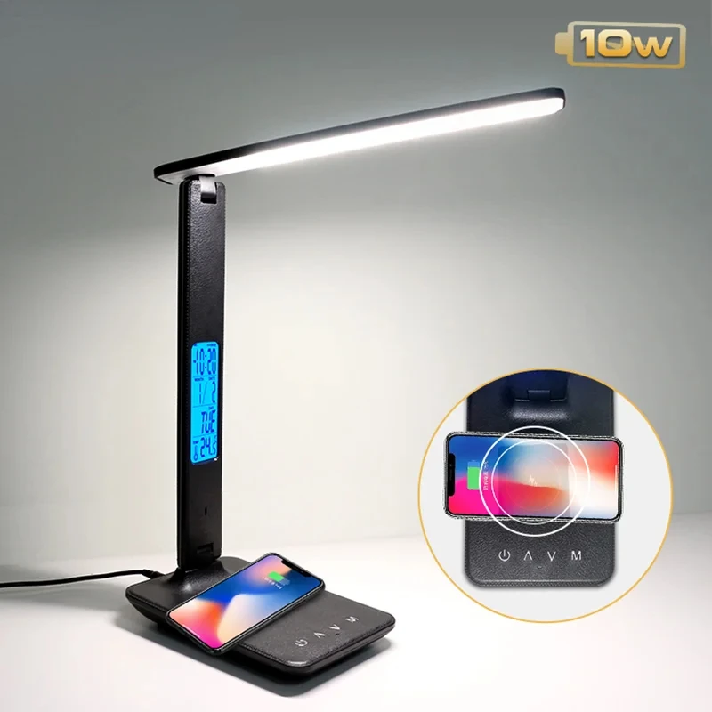 

10W QI Wireless Charging LED Desk Lamp With Calendar Temperature Alarm Clock Eye Protect Study Business Light Table Lamp Reading