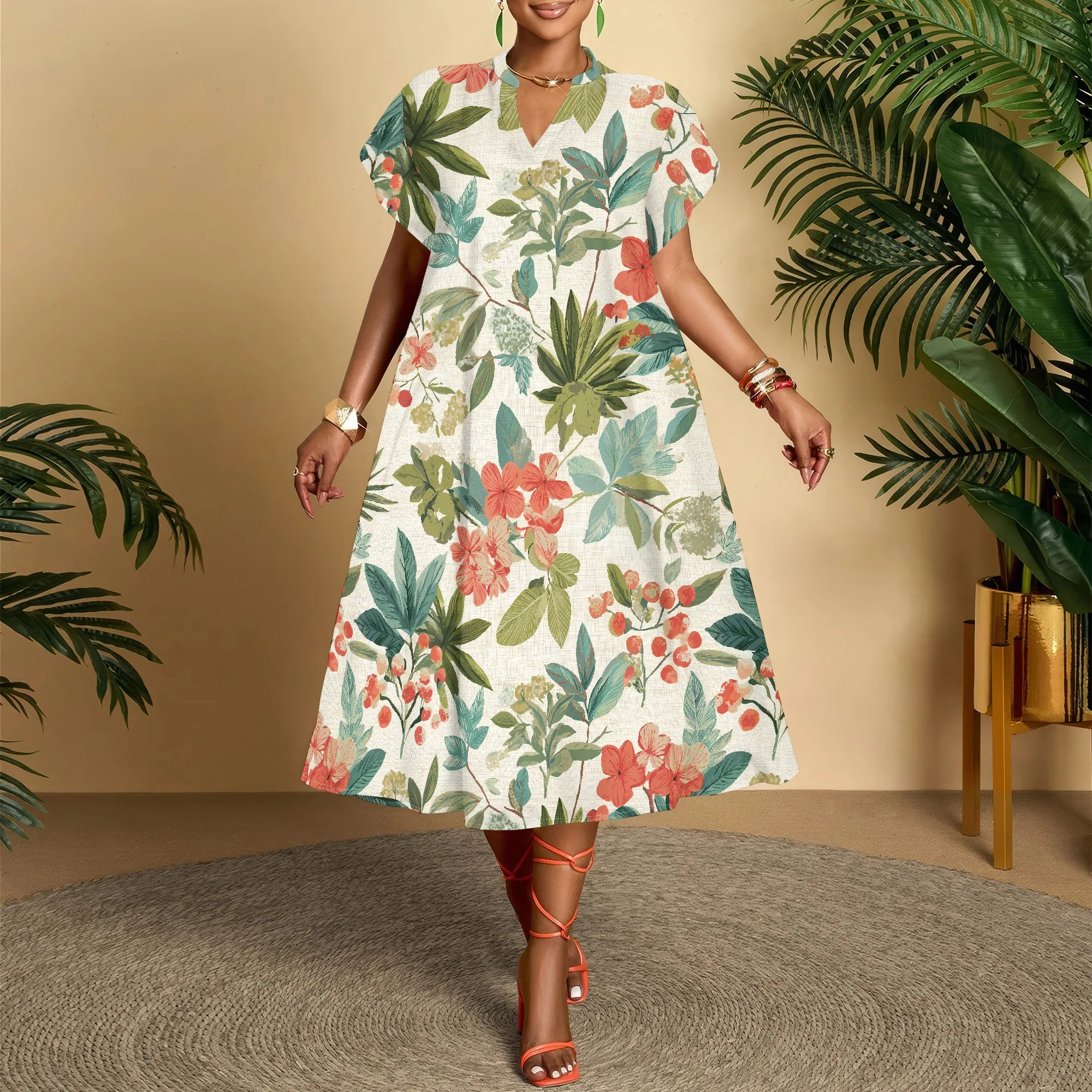 V-Neck Floral Print Dress, Short Sleeve Summer Dress, Tropical Leaf Pattern Midi Dress for Women Casual Beach Party Wear XS-3XL