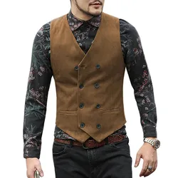 New Men's Vest Suede Suit Vest Casual Double-breasted V-neck Waistcoat Classic/vintage/Denim jacket  Groomsmen ，Brown