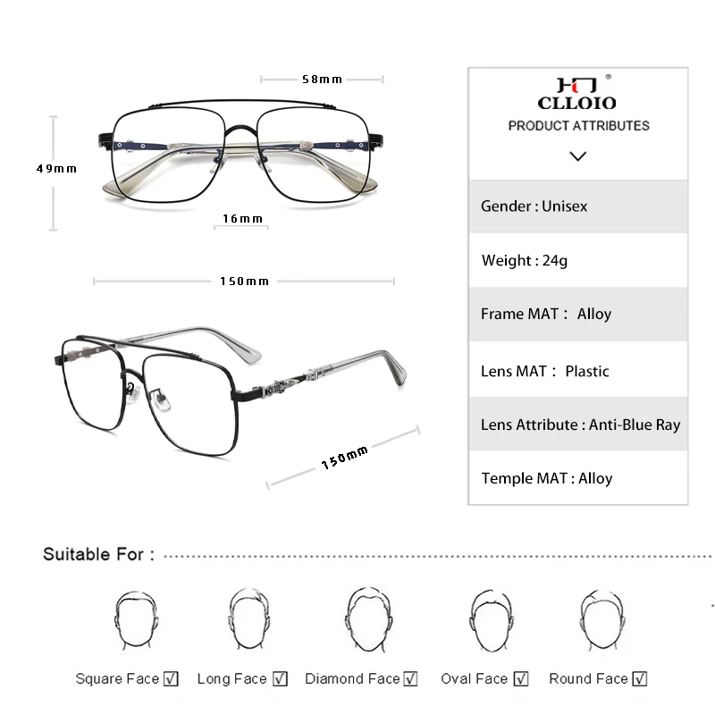 CLLOIO Classic Chrome Style Hearts Myopia Glasses Anti Blue Ray Reading Glasses Retro Carving Prescription Optical Eyewear Frame