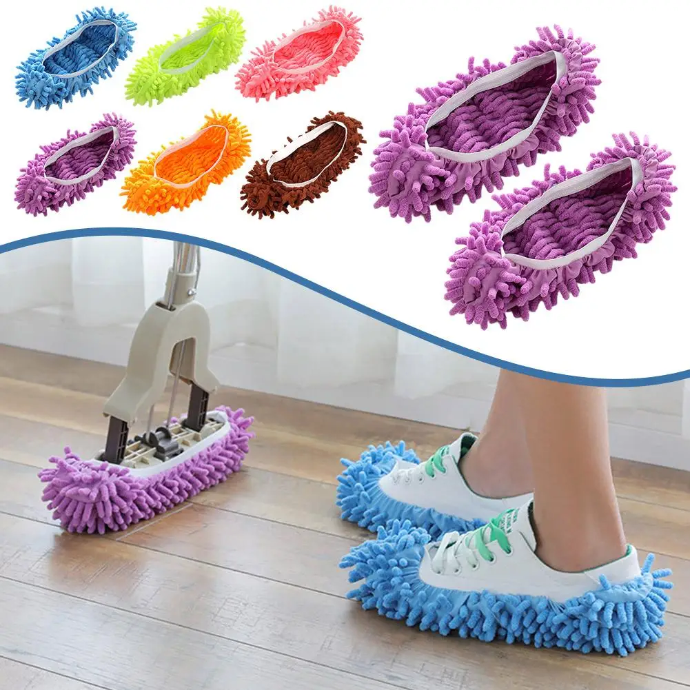 1 Pair Washable Cleaning Shoes Cover Multifunction Chenille Duster Mop Slippers Foot Socks For House Floor Y8c9