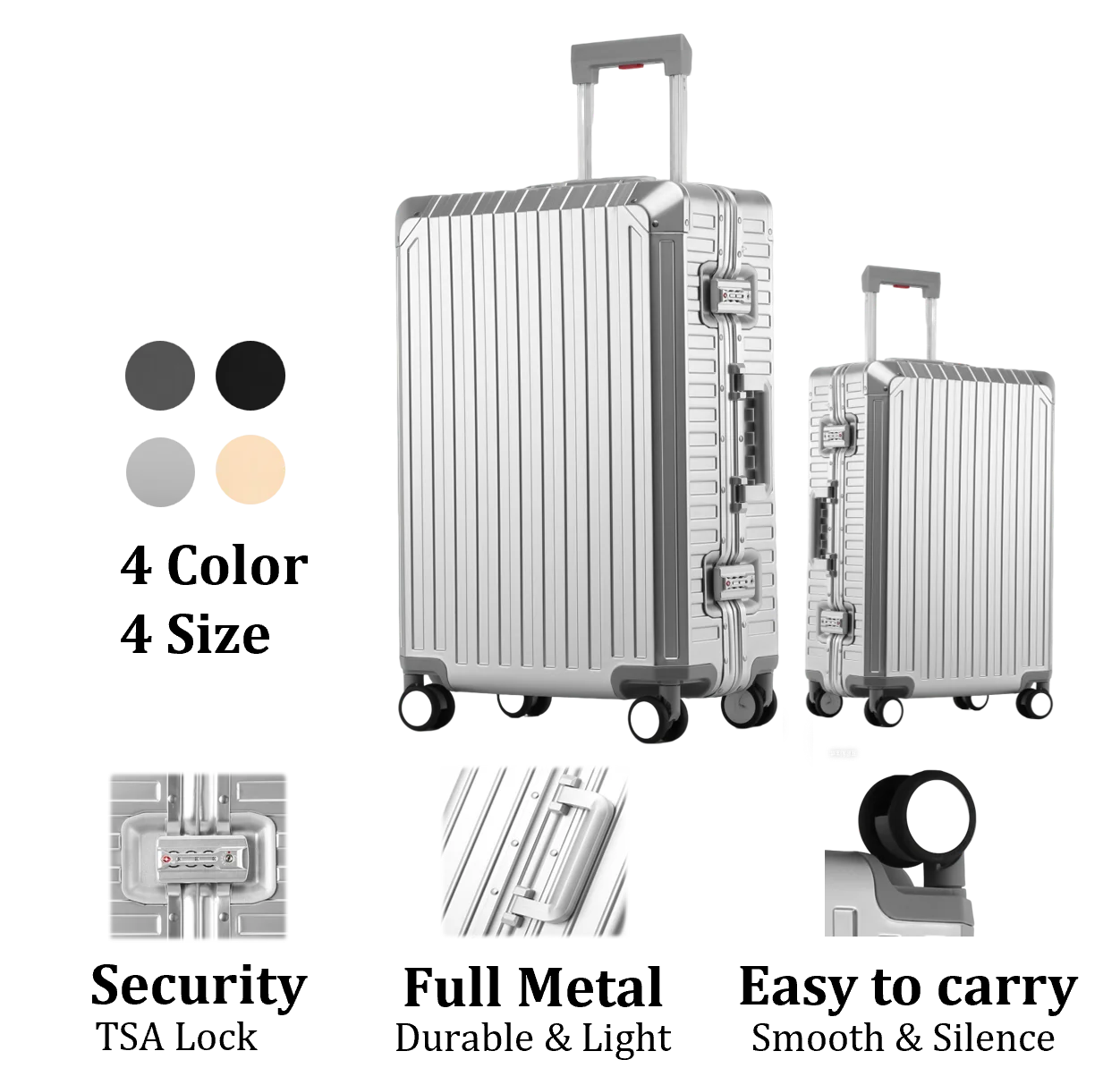 2026 Large Capacity Durable Luggage Sets 100% Aluminum Suitcase Wheels Women Girl Men Cabin Carry-On Boarding Travel 20/24/26/28