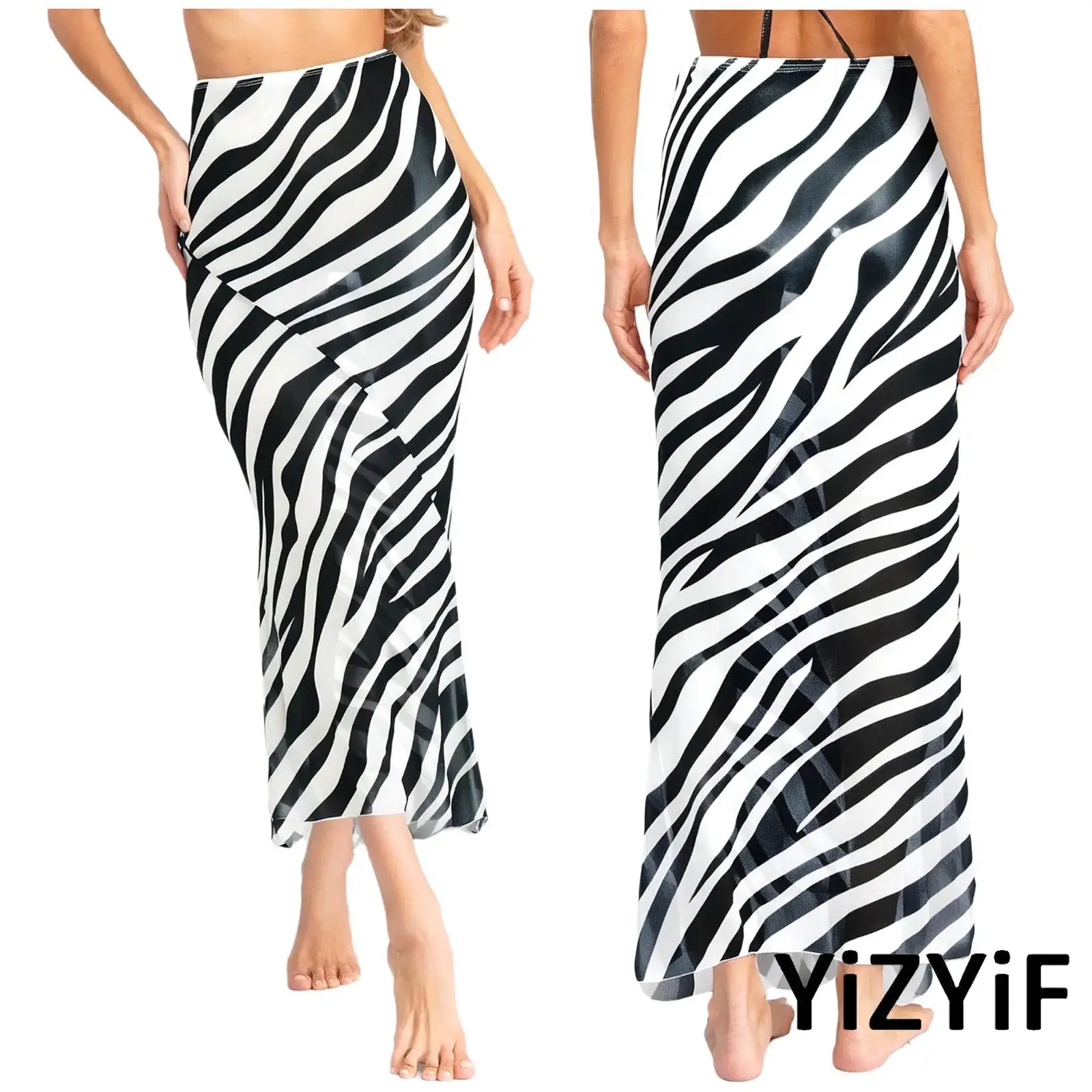 

Womens Sexy Sheer Mesh Fishtail Skirt Striped Leopard Maxi Skirt High Waist Bodycon Cover Up Skirt for Party Casual Beachwear
