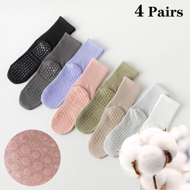 

4 Pairs Yoga Socks for Women Simple Solid Color Cotton Pilates Socks Mid Calf Silicone Non-Slip Fitness Gym Indoor Floor Socks