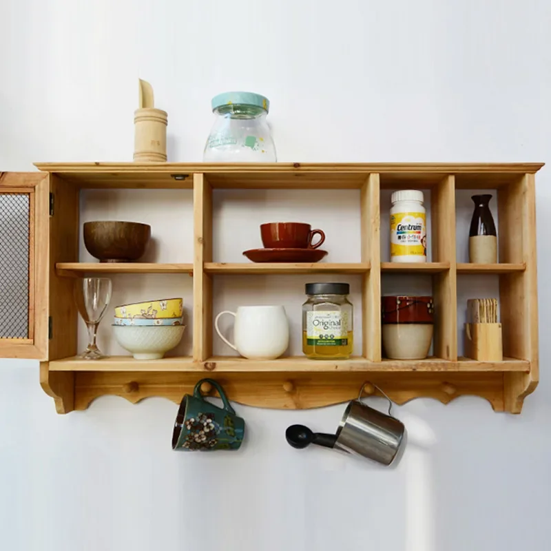Retro Solid Wood Kitchen Wall Shelf Storage Rack Spice Tea Cup Organizer Home Decor Pendant Cabinet Wall-mounted