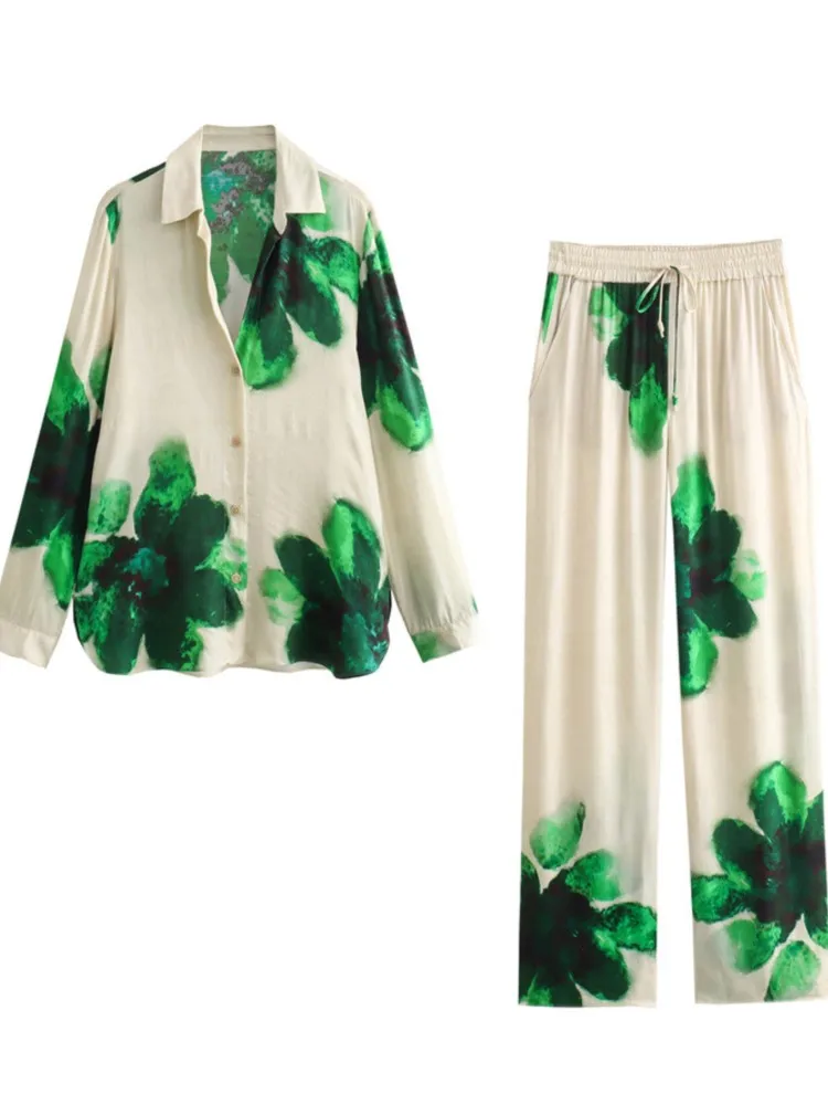 

Autumn Fashion Casual Women Pants Sets Elegant Print Lapel Long Sleeve Shirt And Straight Trousers Two Piece Set Beach Outfits