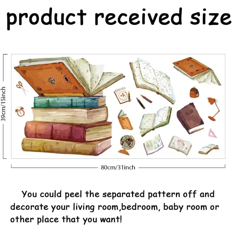 1pc Magic Book Wall Decals Wall Stickers with Flying Book School Bag Scissors for Bedroom Wall Mural Ruler Globe Wall Decor