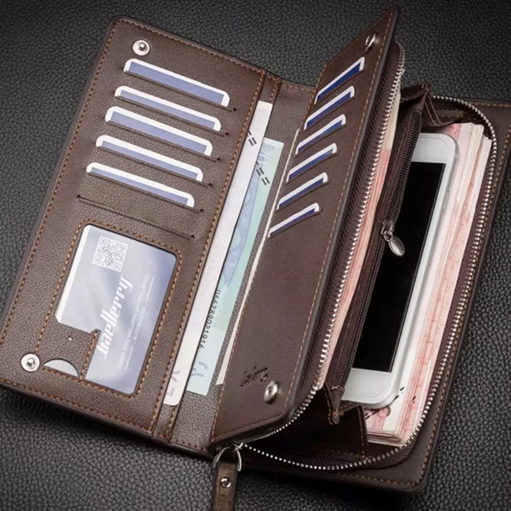 Casual PU Long Men Wallets Large Capacity Multi-function Card Holder with Zipper Solid Color Male Purse