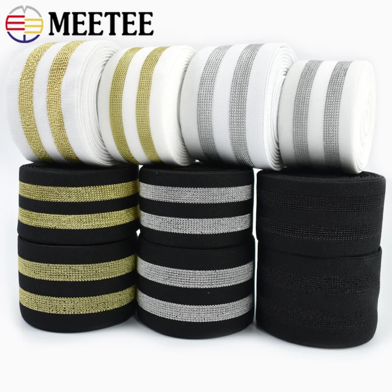 

2/5M 40/50mm Gold Silver Stripe Elastic Band for Pants Waist Underwear Stretch Ribbon Garment Rubber Tape DIY Sewing Accessories