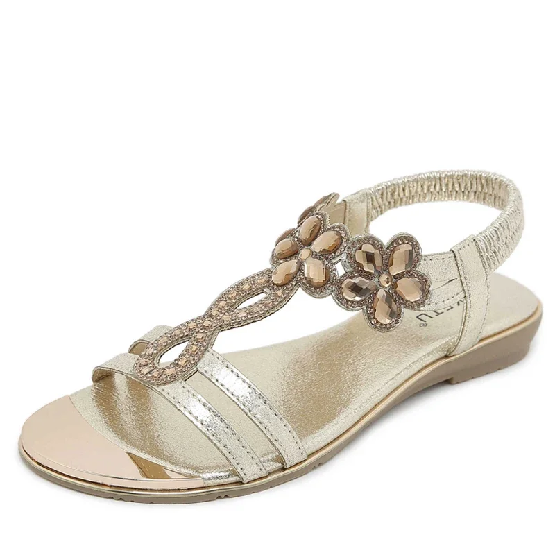 Women Flat Rhinestone Sandals Bohemian Sandals 2024 Summer New Non Slip BeachElastic Low Heels Roman Sandals Sandalias Mujer