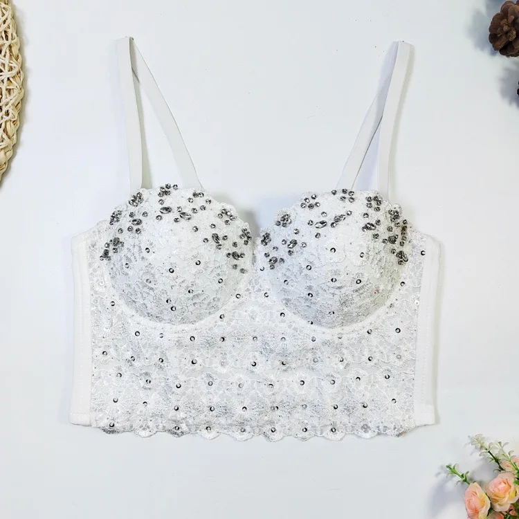 

Elegant and fashionable lace suspender hottie bra, bright diamond beaded high-end short top, party club clothing