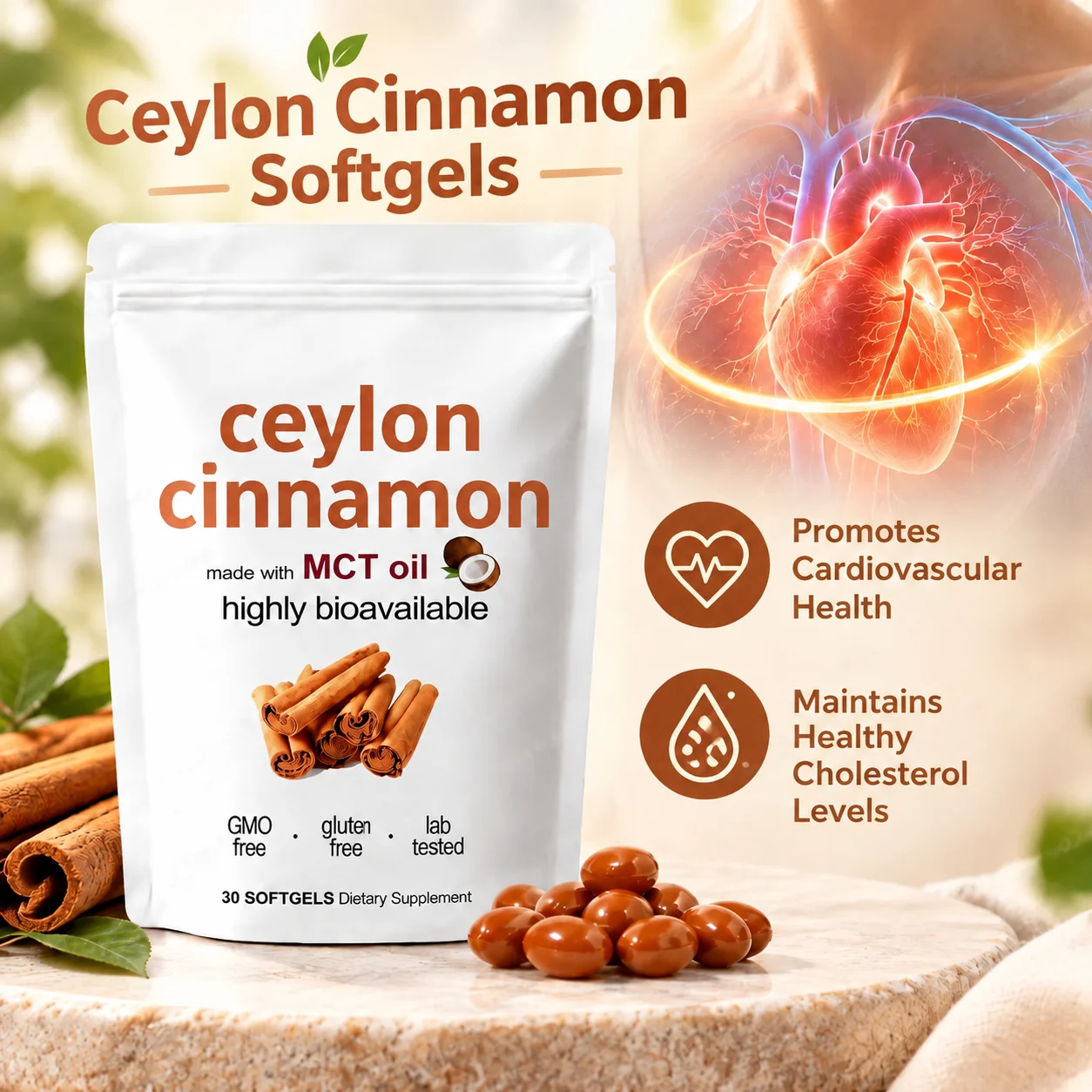 Ceylon Cinnamon Softgels,Promotes Cardiovascular Health Maintains Healthy Cholesterol Levels,Ceylon Cinnamon MCT Oil,30 Softgels