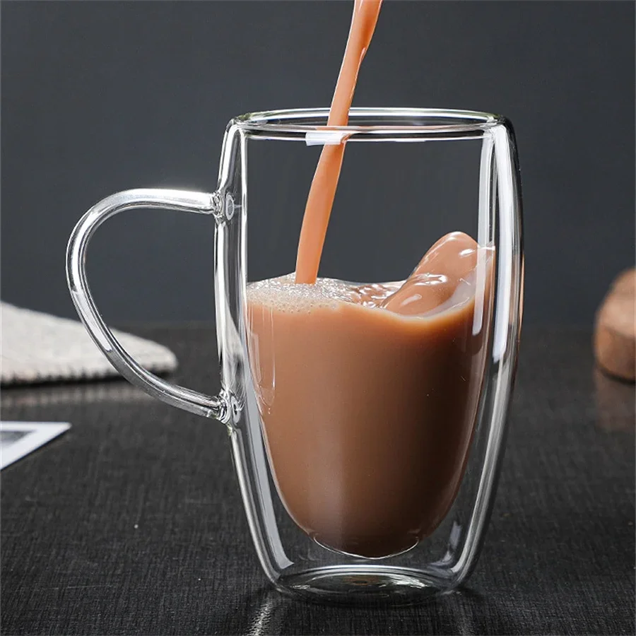 Double-layer Glass Transparent Mug Heat-resistant Tea Cup with Handle Coffee Cup Creative Juice Cup